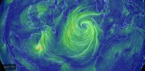 En stort lågtryck på norra Atlanten med orkanen Gonzalo vid USAs ostkust. Från den 17 oktober 2014, 15:00 UTC.